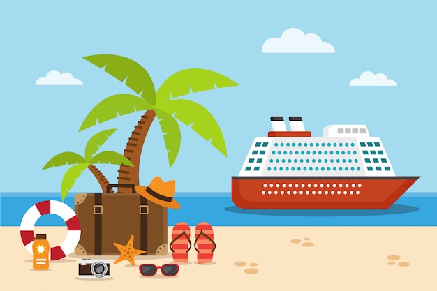 Cruise ship on the sea and suitcase on the beach