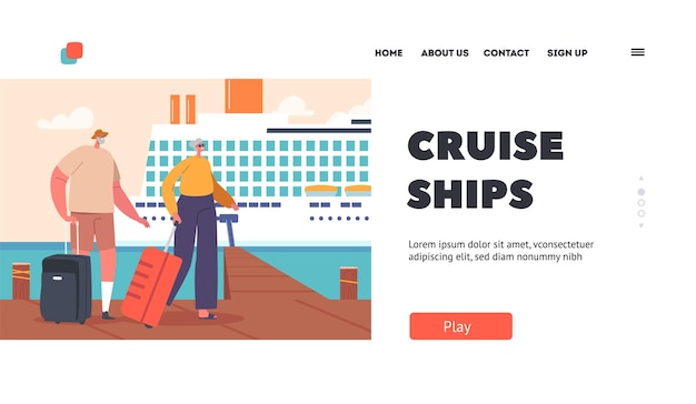 Cruise Ships Landing Page Template Senior People Waiting Boarding on Liner Deck Old Characters Summer Relax In Ocean