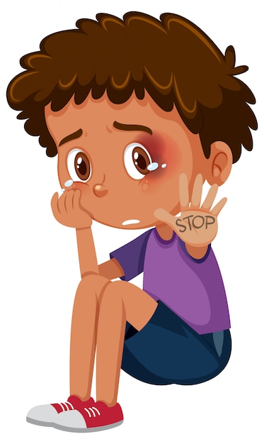 Crying boy with bruises saying stop on white background