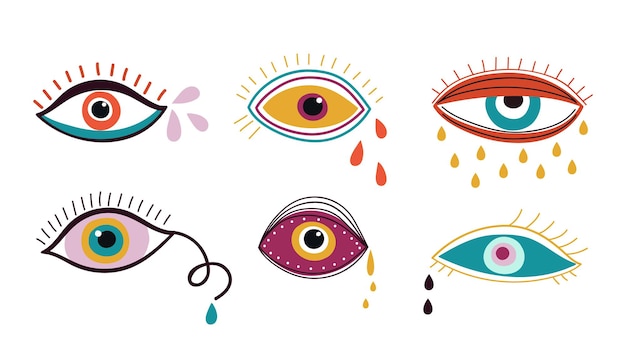 Crying eyes. Abstract eye, drops colorful falling down. Contemporary trendy doodle elements, sad emotions vector set