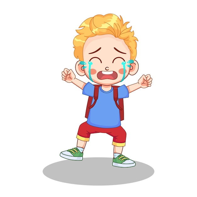 Crying kid boy wearing a backpack vector illustration. The kid boy goes to school.