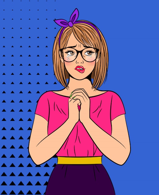 Crying pop art woman with glasses