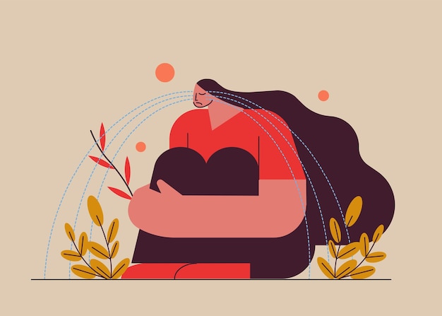 Vector crying woman hugging herself with tears in her eyes