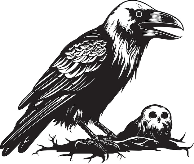 Cryptic Companion Skull with Raven Design Icon Haunting Herald Vector Graphics of Raven and Skull D