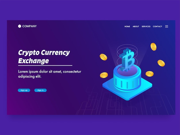 Crypto Currency Exchange Landing Page With  Bitcoin Server And Golden Dollar Coins.