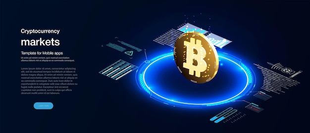 Crypto currency market landing page. Hologram of a Bitcoin coin on a blue futuristic background Digital currency or cryptocurrency mining farm. Creation of bitcoins. Crypto mining, blockchain concept.