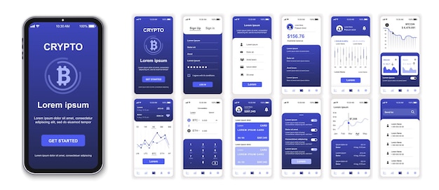 Vector crypto mobile app interface screens template set online account financial analysis earnings chart currency exchange platform pack of ui ux gui kit for application web layout vector design