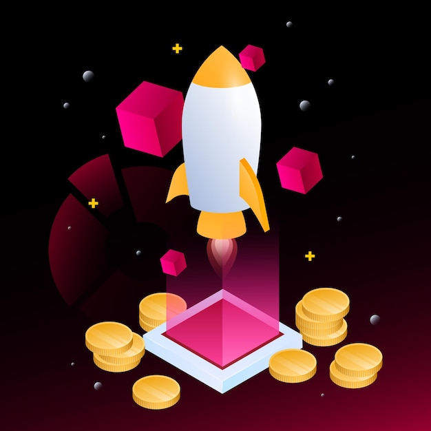 Crypto Rocket Illustration Isometric Cubes and Coins on Dark Background