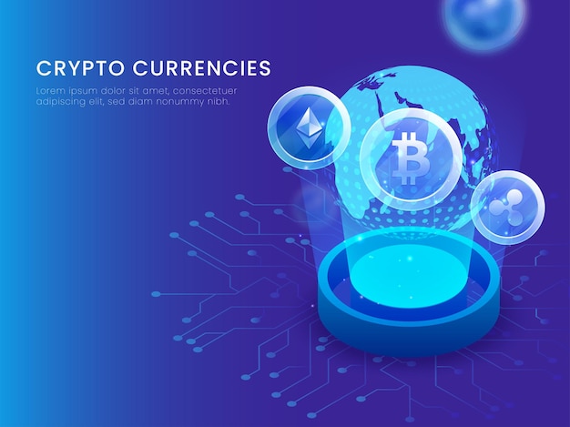 Cryptocurrencies Poster Design With 3D Earth Globe Between Emerging Rays On Blue Background.