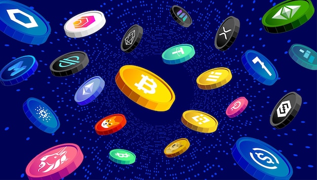 Cryptocurrency coins banner concept Digital money falling on blue background