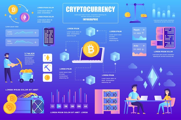 Cryptocurrency concept banner with infographic elements Bitcoin and blockchain technology