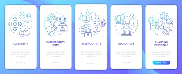 Cryptocurrency downsides blue gradient onboarding mobile app screen Walkthrough 5 steps graphic instructions pages with linear concepts UI UX GUI template Myriad ProBold Regular fonts used