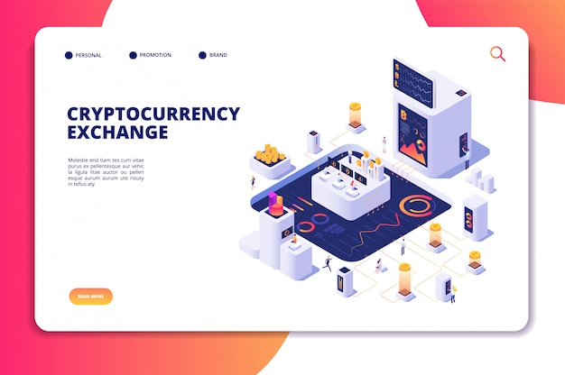 Cryptocurrency exchange isometric concept. Blockchain exchange, crypto trade transactions. Digital economics landing page