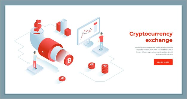 Vector cryptocurrency exchange transaction cyberspace monitoring on computer landing page isometric vector