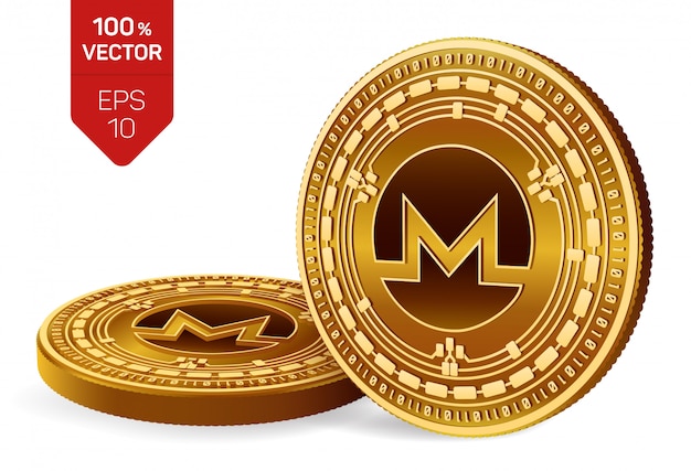 Cryptocurrency golden coins with Monero symbol isolated on white background.