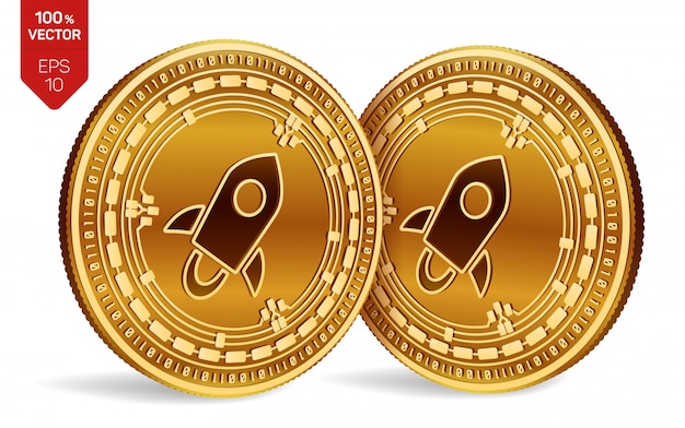 Cryptocurrency golden coins with Stellar symbol isolated on white background.