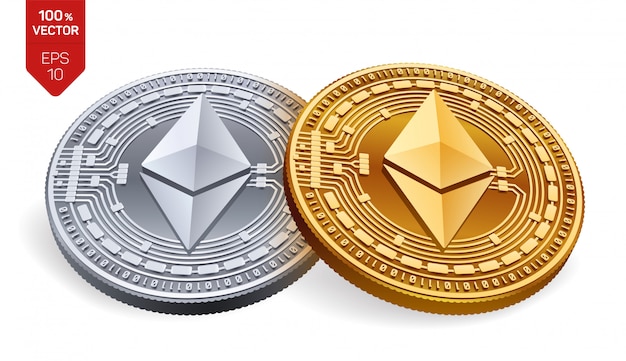 Cryptocurrency golden and silver coins with ethereum symbol isolated on white background.