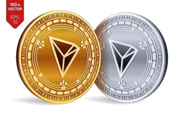 Cryptocurrency golden and silver coins with Tron symbol isolated on white background.