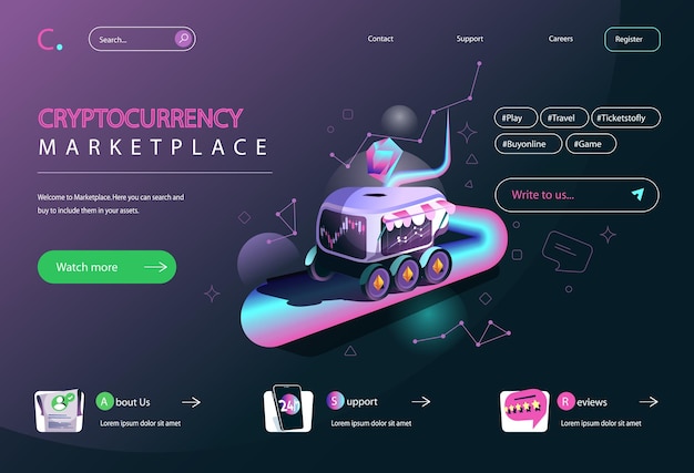 Vector cryptocurrency marketplace concept in flat cartoon design for homepage layout crypto business selling or buying bitcoins on online exchange vector illustration for landing page and web banner