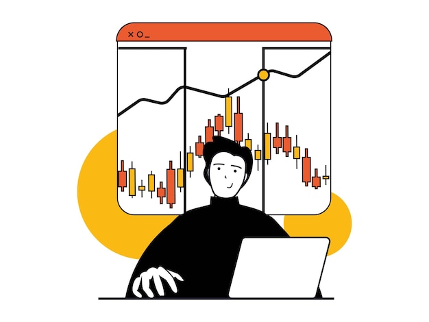 Cryptocurrency marketplace concept with character situation Man analyzes financial statistics works with candlestick chart and trends Vector illustrations with people scene in flat design for web