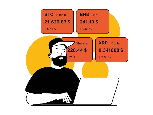 Cryptocurrency marketplace concept with character situation Man trades on exchanges and makes profit from investments in crypto wallets Vector illustrations with people scene in flat design for web