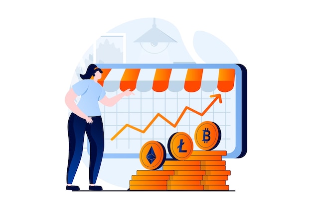 Cryptocurrency marketplace concept with people scene in flat cartoon design Woman analyzes data on crypto exchange and buys bitcoins litecoins or ethereum Vector illustration visual story for web