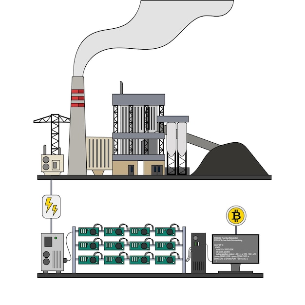 Vector cryptocurrency mining, bitcoin mining with coal electric power plant in simple graphic