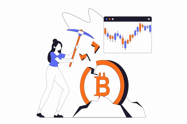 Cryptocurrency mining concept with people scene in flat outline design