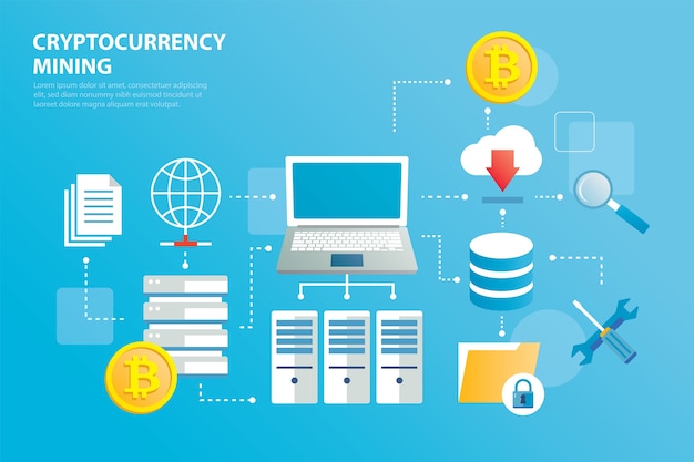 Cryptocurrency mining farm and blockchain. Modern infographic laptop connected network.