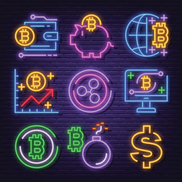 Cryptocurrency neon icon set