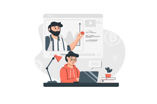 Vector cryptocurrency research concept in flat design man analyzes digital money and blockchain technology studies video tutorials on starting crypto business vector illustration with people scene for web