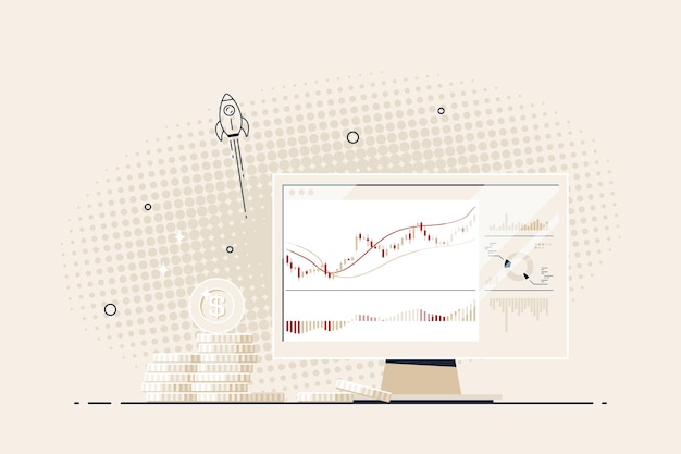 Vector cryptocurrency, stock market and forex trading banner. international stock exchange. computer screen with candlestick chart and stacks of golden coins. flat style vector illustration