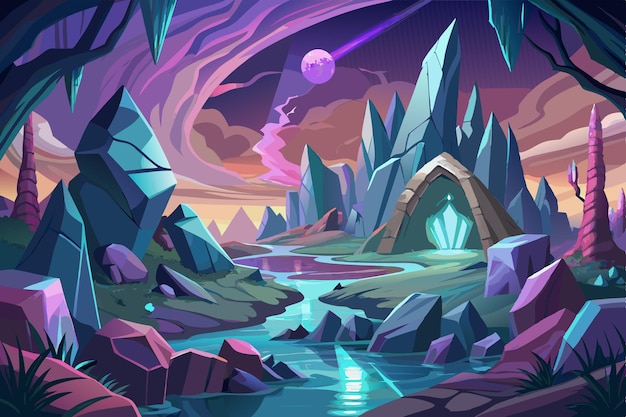 Vector crystal caverns fantasy landscape vector illustration