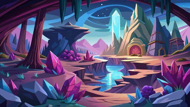 Vector crystal caverns fantasy landscape vector illustration