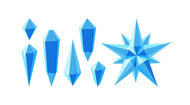 Crystal gemstones and star Set of ice crystal star and separate frozen gems various shapes Vector