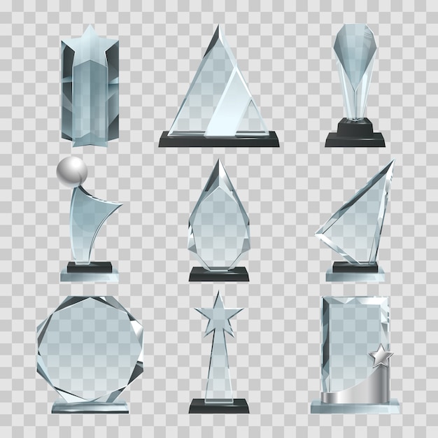 Crystal glass trophy or awards on transparent. Glass crystal award, blank trophy transparent. Vector illustration