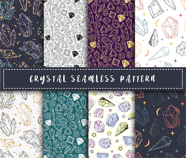 Crystal seamless pattern - colorful rainbow crystals or gems on white background