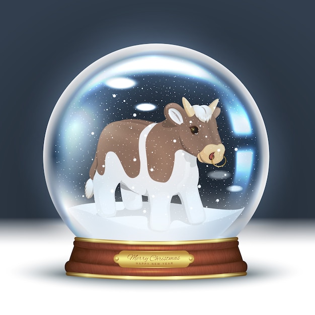 Crystal snow globe, and inside the symbol of the New Year 2021 - a cute bull. 3D realistic magic ball with snowflakes.