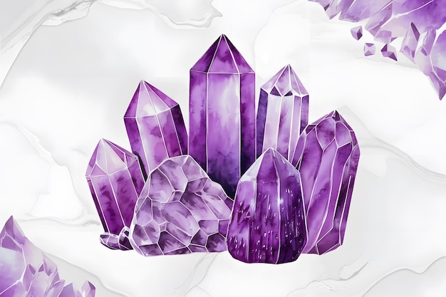 Crystals isolated on white background trendy gemstones pink purple quartz watercolor illustration