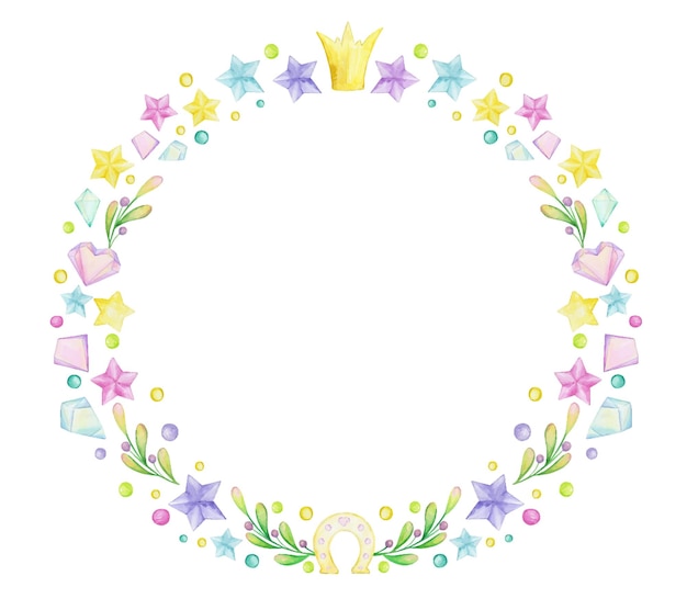 Crystals stars a horseshoe crown on an isolated background Handdrawn watercolor frame in cartoon style