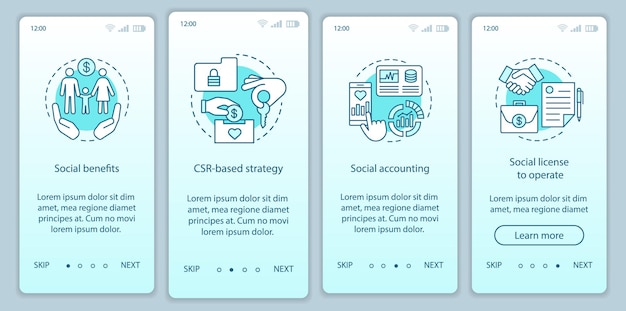 CSR onboarding mobile app page screen vector template. Corporate social responsibility walkthrough website steps. Social benefits, accounting, license. UX, UI, GUI smartphone interface concept