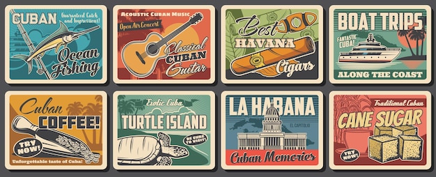 Cuba and Havana travel landmark retro posters. Vector Caribbean Sea beach, tropical palms, Cuban map, tobacco cigar, coffee and guitar, Havana capitol building, fishing boat, blue marlin and turtle