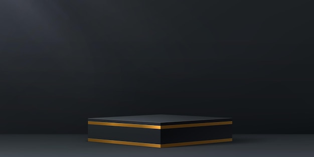 Vector cube black podium pedestal stage with golden frame