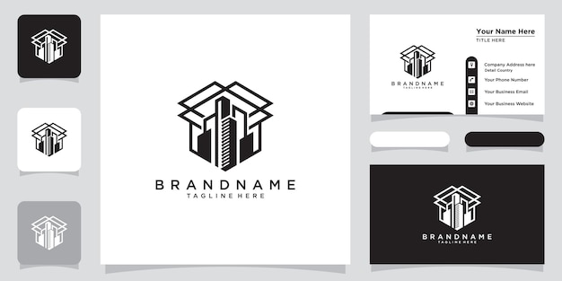 Cube building logo design element Building logo Cube icon with business card design Premium Vector