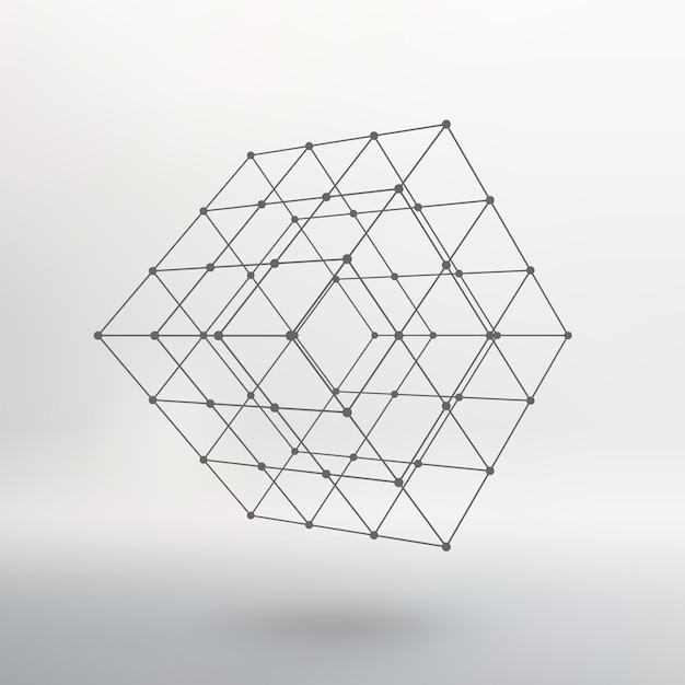 Cube of lines and dots. Cube of the lines connected to points. Molecular lattice. The structural grid of polygons. White background. The facility is located on a white studio background.