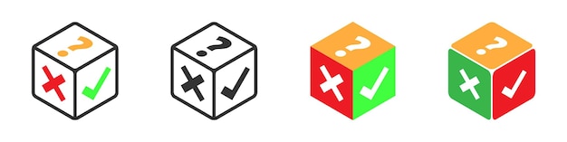 Cube with check mark cross and question mark icon Colorful isometric design Vector illustration