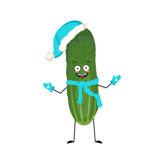 Cucumber character in Santa hat with happy emotion