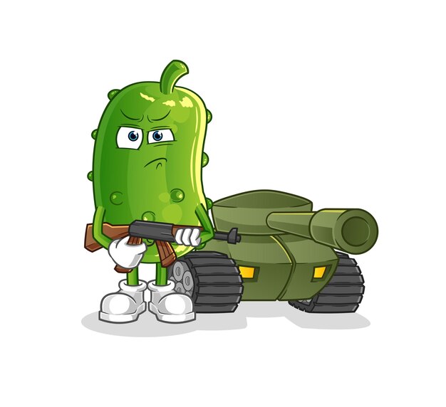 Cucumber soldier with tank character cartoon mascot vector