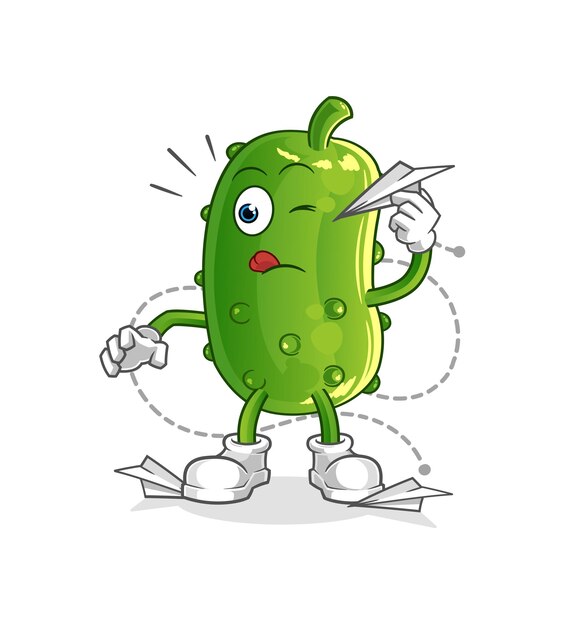 Cucumber with paper plane character. cartoon mascot vector