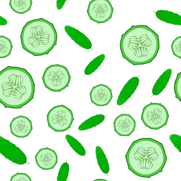 Cucumbers and sliced round pieces. Seamless pattern on a white background. Vector illustration.